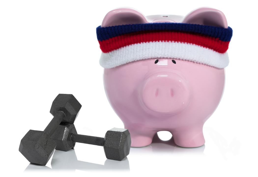 pink piggy bank with sweatband and weights
